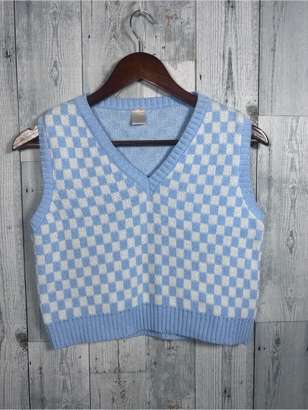 Twik Blue Checkerboard Cropped Sweater Vest Knit S Coastal Preppy Made in Italy
